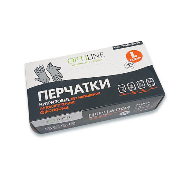 Перчатки нитриловые OPTILINE черные L, 200 шт.